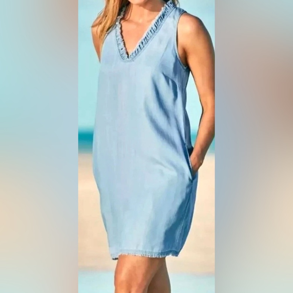 TOMMY BAHAMA Blue Chambray Tencel Ruffled- Frayed V-Neck Casual Shift Dress XS